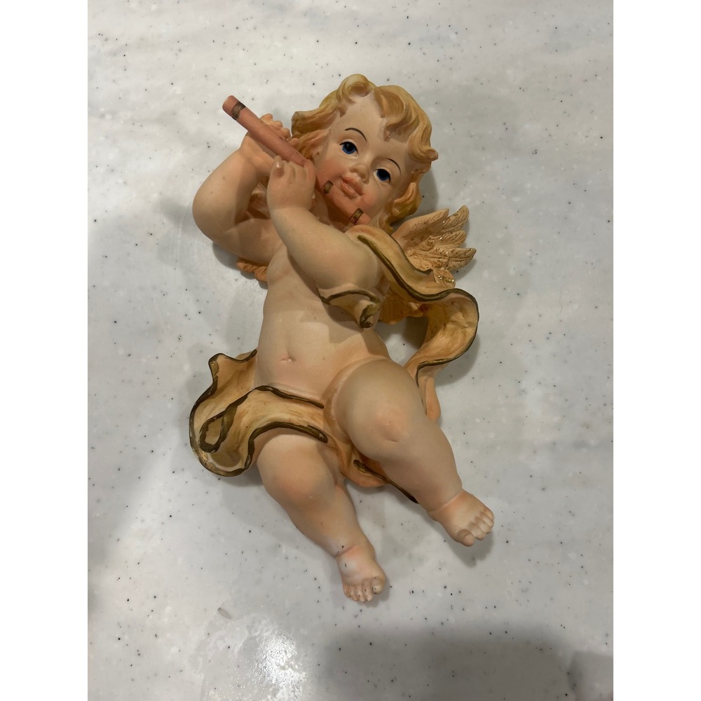 Vintage Cherub Angel Wall Plaque Gold Trim Flute Player Hanging Decor 7.5 Inch